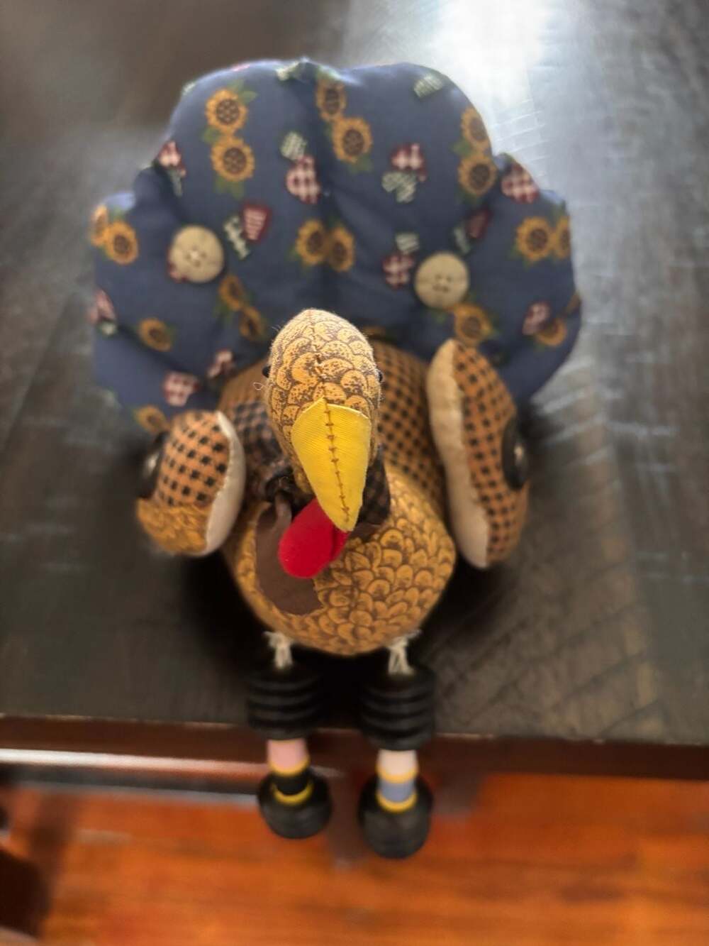 Vintage Thanksgiving Patchwork Quilt Turkey Plush Shelf Sitter Folk Art Decor